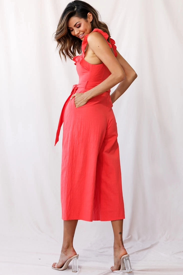 Kaia Ruffle Strap Wide-Leg Capri Jumpsuit Red 3 Kaia Ruffle Strap Wide-Leg Capri Jumpsuit Red - Image 3
