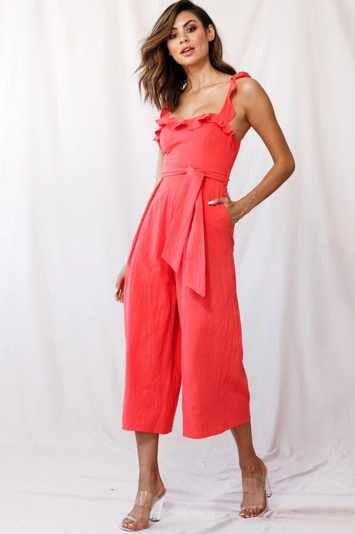 Kaia Ruffle Strap Wide-Leg Capri Jumpsuit Red 6 Kaia Ruffle Strap Wide-Leg Capri Jumpsuit Red - Image 6
