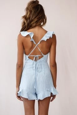 Jojo Thin Stripe Ruffle Strap Romper Blue -Fashion women's clothing photo 262 26050b01 blue