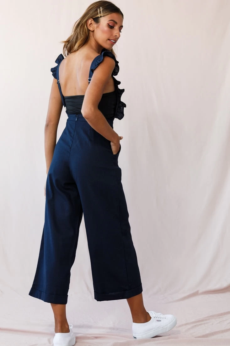 Serenade Ruffle Strap Pinafore Jumpsuit Navy 3 Serenade Ruffle Strap Pinafore Jumpsuit Navy - Image 3