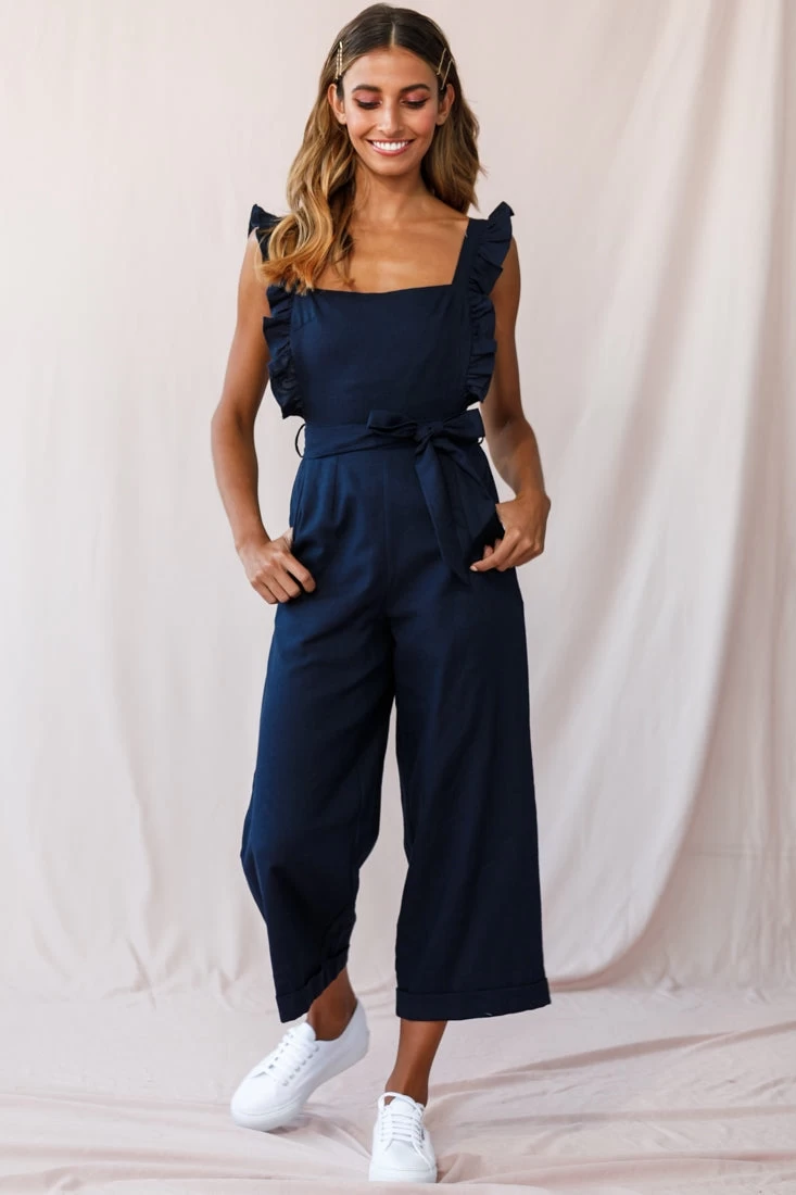 Serenade Ruffle Strap Pinafore Jumpsuit Navy 2 Serenade Ruffle Strap Pinafore Jumpsuit Navy - Image 2