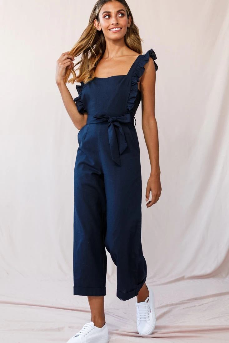 Serenade Ruffle Strap Pinafore Jumpsuit Navy 1 Serenade Ruffle Strap Pinafore Jumpsuit Navy