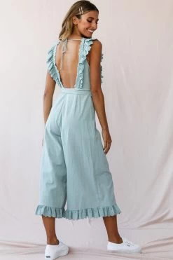 Meadow Ruffle Strap Open Back Midi Jumpsuit Sage -Fashion women's clothing photo 3324 st2164b sage