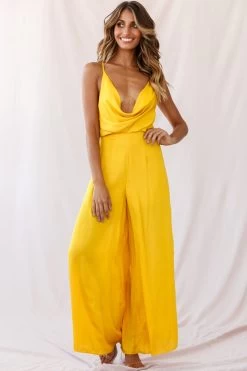 Jaclyn Wide-Leg Cowl Neck Jumpsuit Mustard -Fashion women's clothing photo 3421 62338b mustard