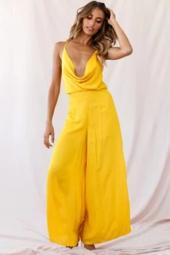 Jaclyn Wide-Leg Cowl Neck Jumpsuit Mustard -Fashion women's clothing photo 3427 62338b mustard