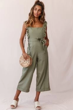 Serenade Ruffle Strap Pinafore Jumpsuit Olive -Fashion women's clothing photo 380 st2151b olive