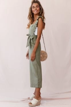 Serenade Ruffle Strap Pinafore Jumpsuit Olive -Fashion women's clothing photo 393 st2151b olive