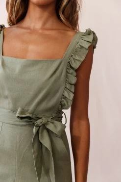 Serenade Ruffle Strap Pinafore Jumpsuit Olive -Fashion women's clothing photo 400 st2151b olive