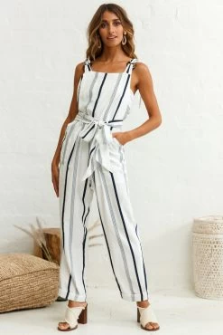 Fresno Straight Leg Pinafore Jumpsuit Stripe Print Navy -Fashion women's clothing photo 403 26903b01 navy