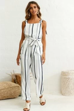 Fresno Straight Leg Pinafore Jumpsuit Stripe Print Navy -Fashion women's clothing photo 407 26903b01 navy