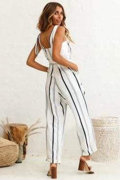 Fresno Straight Leg Pinafore Jumpsuit Stripe Print Navy -Fashion women's clothing photo 412 26903b01 navy