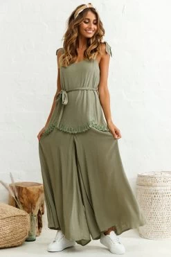 Talitha Tie Strap Wide Leg Jumpsuit Khaki -Fashion women's clothing photo 694 27092b02 khaki