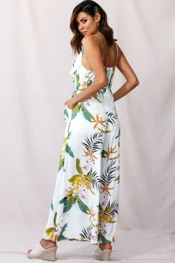 Melita Ruffle V-Neckline Jumpsuit Tropical Print White -Fashion women's clothing photo 776 62421b white