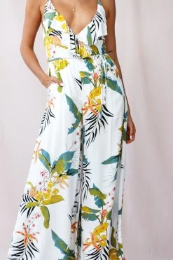 Melita Ruffle V-Neckline Jumpsuit Tropical Print White -Fashion women's clothing photo 783 62421b white