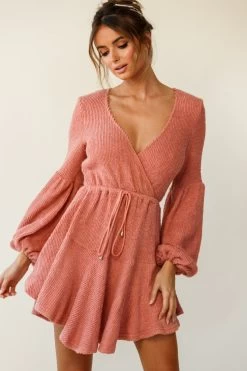 Annalise Long Sleeve Drawstring Knit Dress Rose -Fashion women's clothing st1077d03 rose 190806sl17723