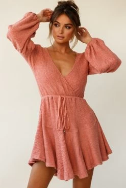 Annalise Long Sleeve Drawstring Knit Dress Rose -Fashion women's clothing st1077d03 rose 190806sl17724