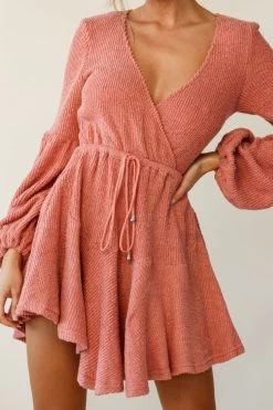 Annalise Long Sleeve Drawstring Knit Dress Rose -Fashion women's clothing st1077d03 rose 190806sl17727