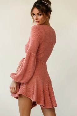 Annalise Long Sleeve Drawstring Knit Dress Rose -Fashion women's clothing st1077d03 rose 190806sl17730