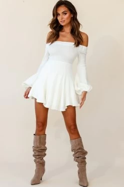 Morais Puff Sleeve Off The Shoulder Fit And Flare Sweater Dress Off White