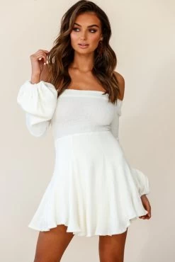 Morais Puff Sleeve Off The Shoulder Fit And Flare Sweater Dress Off White -Fashion women's clothing st1081d white 190806sl16411