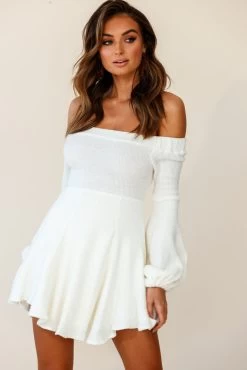 Morais Puff Sleeve Off The Shoulder Fit And Flare Sweater Dress Off White -Fashion women's clothing st1081d white 190806sl16414