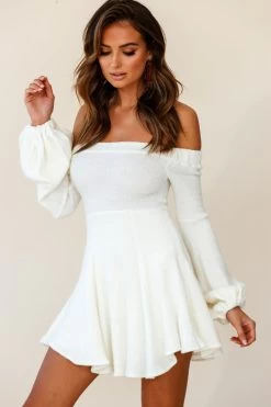Morais Puff Sleeve Off The Shoulder Fit And Flare Sweater Dress Off White -Fashion women's clothing st1081d white 190806sl16415