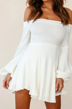 Morais Puff Sleeve Off The Shoulder Fit And Flare Sweater Dress Off White -Fashion women's clothing st1081d white 190806sl16417