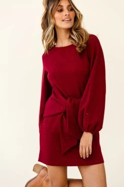 Rapt Waist Tie Balloon Sleeve Knit Dress Wine -Fashion women's clothing st1418b wine 191029sl1348