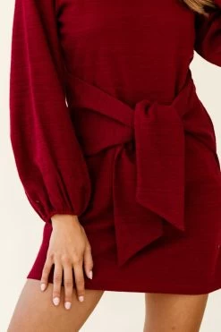 Rapt Waist Tie Balloon Sleeve Knit Dress Wine -Fashion women's clothing st1418b wine 191029sl1355