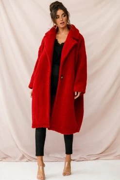 Berlin Notched Lapel Longline Fleece Coat Red -Fashion women's clothing st1675b red 2
