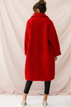 Berlin Notched Lapel Longline Fleece Coat Red -Fashion women's clothing st1675b red 3