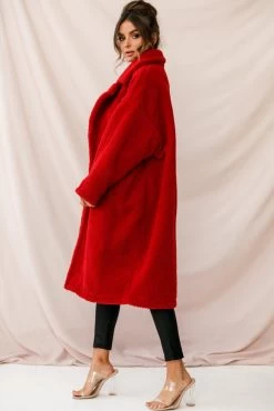 Berlin Notched Lapel Longline Fleece Coat Red -Fashion women's clothing st1675b red 4