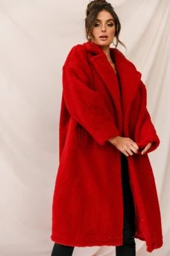 Berlin Notched Lapel Longline Fleece Coat Red -Fashion women's clothing st1675b red 6