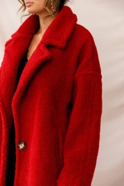 Berlin Notched Lapel Longline Fleece Coat Red -Fashion women's clothing st1675b red 7