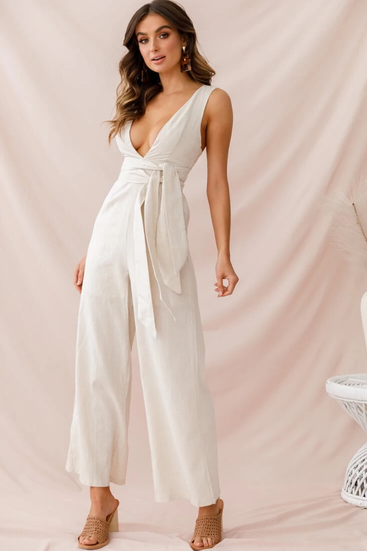 Dylan V-Neckline Wide Leg Jumpsuit Beige 1 Dylan V-Neckline Wide Leg Jumpsuit Beige
