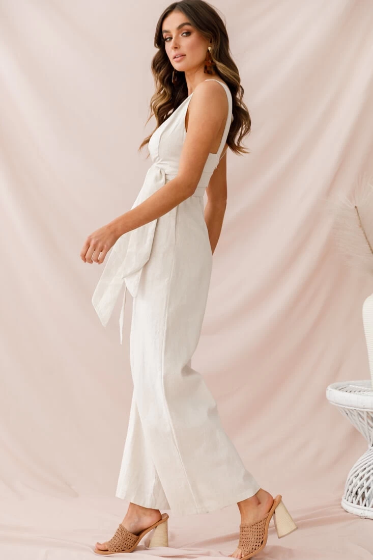 Dylan V-Neckline Wide Leg Jumpsuit Beige 2 Dylan V-Neckline Wide Leg Jumpsuit Beige - Image 2