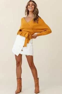 Venetian Faux Placket Frayed Wrap Mini Skirt White 10 Venetian Faux Placket Frayed Wrap Mini Skirt White -Fashion women's clothing st1740d white 27129b mustard 190903sl0281 1