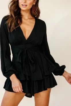 Maddox Fit & Flare Long Sleeve Romper Black 10 Maddox Fit & Flare Long Sleeve Romper Black -Fashion women's clothing t0374d04 black 190806sl16519 1
