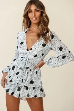 Maddox Fit & Flare Long Sleeve Romper Large Spot Print White -Fashion women's clothing t0374d28 white 190903sl0195
