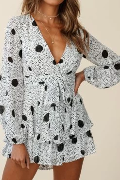 Maddox Fit & Flare Long Sleeve Romper Large Spot Print White -Fashion women's clothing t0374d28 white 190903sl0196