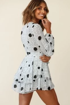 Maddox Fit & Flare Long Sleeve Romper Large Spot Print White -Fashion women's clothing t0374d28 white 190903sl0199