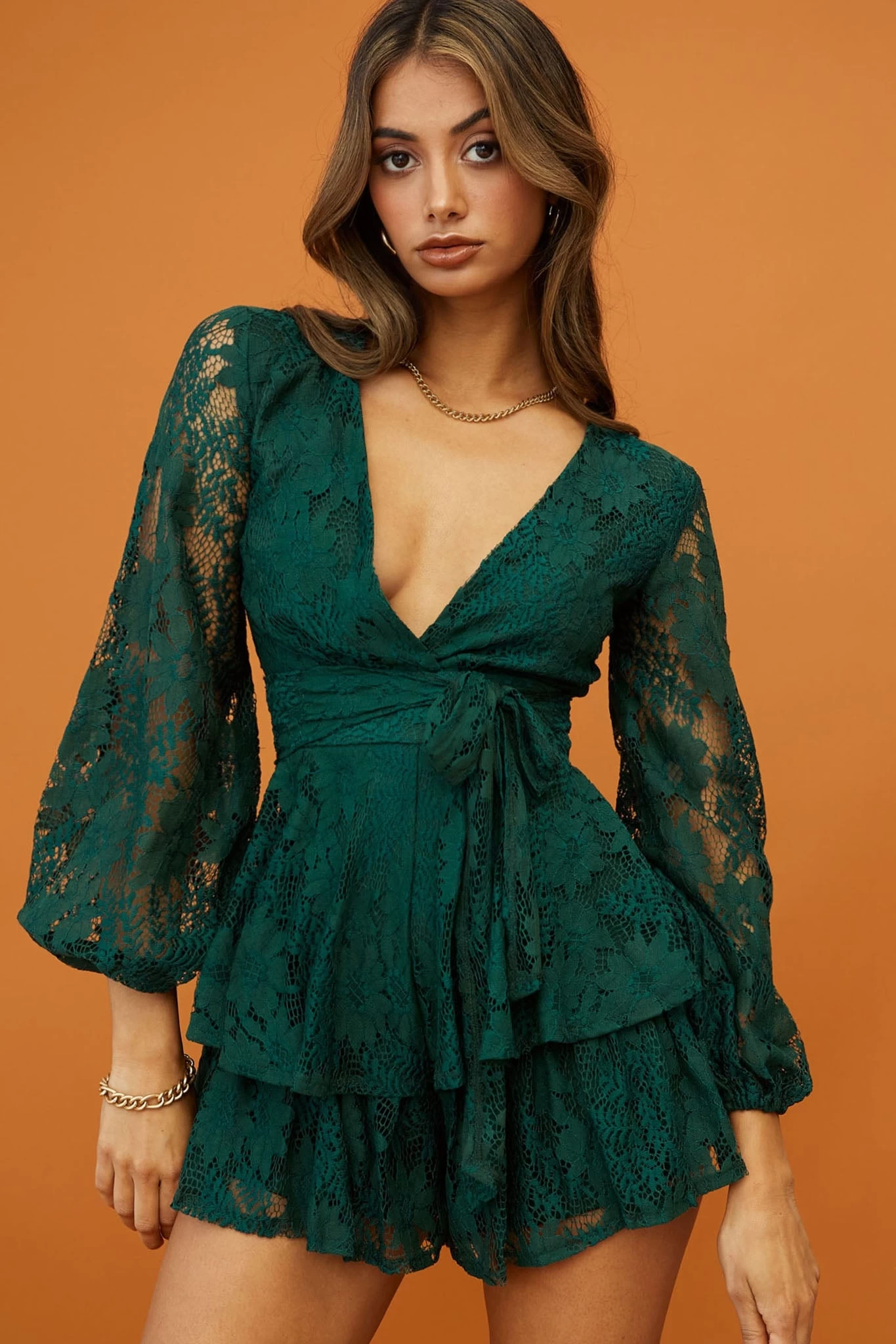 Maddox Fit & Flare Long Sleeve Romper Floral Lace Forest Green 2 Maddox Fit & Flare Long Sleeve Romper Floral Lace Forest Green - Image 2