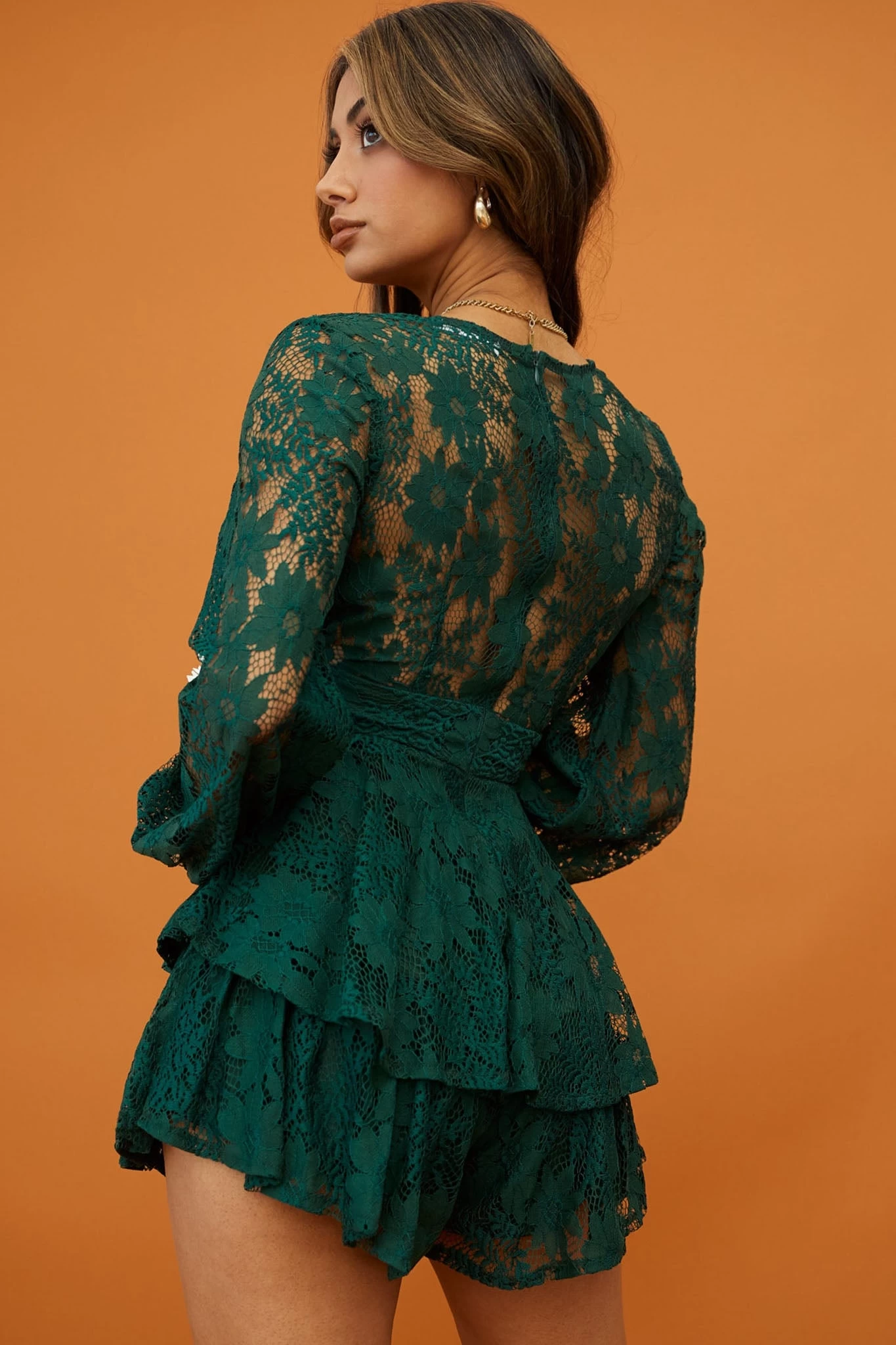 Maddox Fit & Flare Long Sleeve Romper Floral Lace Forest Green 6 Maddox Fit & Flare Long Sleeve Romper Floral Lace Forest Green - Image 6