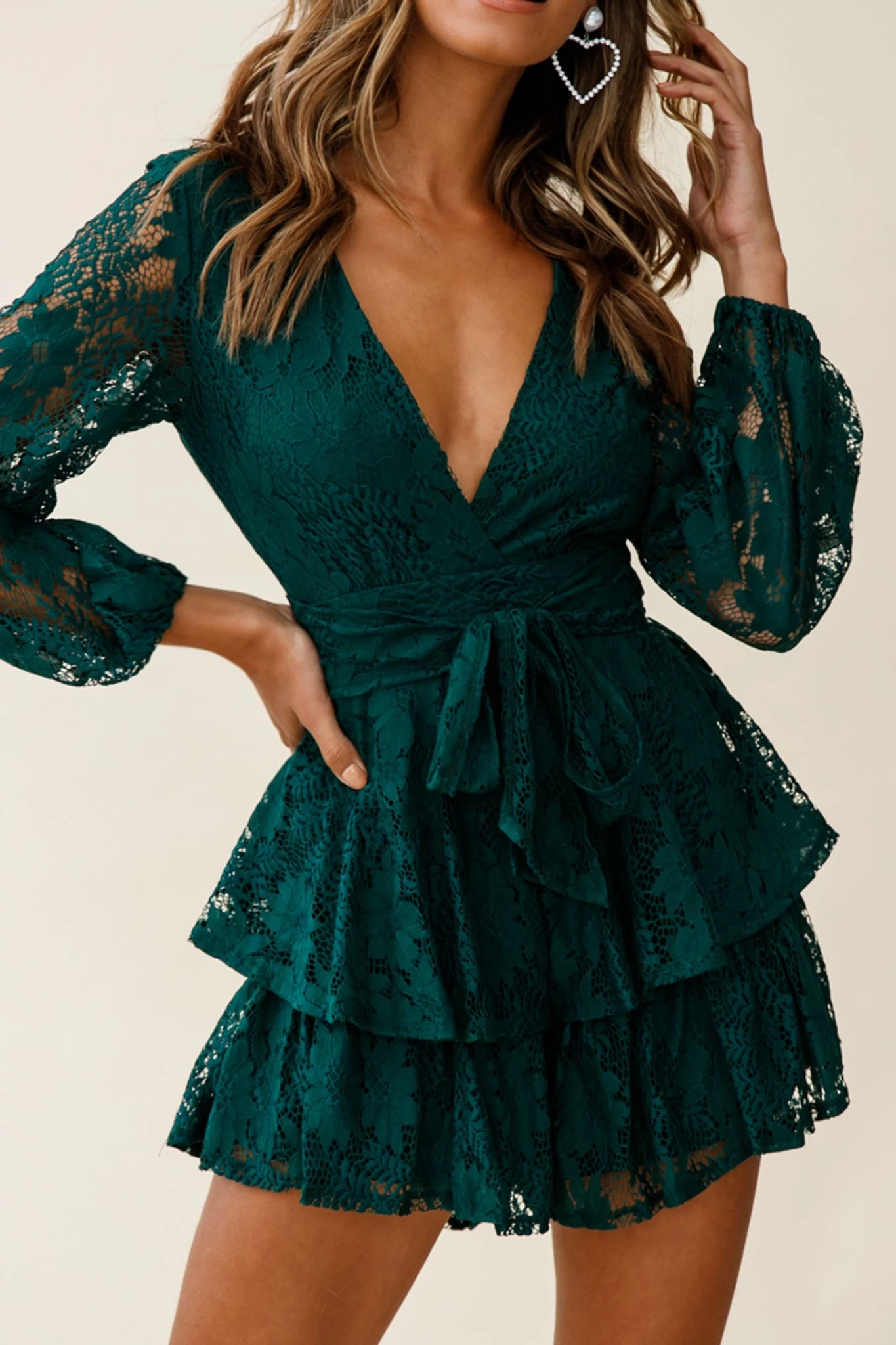 Maddox Fit & Flare Long Sleeve Romper Floral Lace Forest Green 8 Maddox Fit & Flare Long Sleeve Romper Floral Lace Forest Green - Image 8