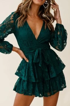 Maddox Fit & Flare Long Sleeve Romper Floral Lace Forest Green 28 Maddox Fit & Flare Long Sleeve Romper Floral Lace Forest Green -Fashion women's clothing t0374d33 forest green 190910sl0986
